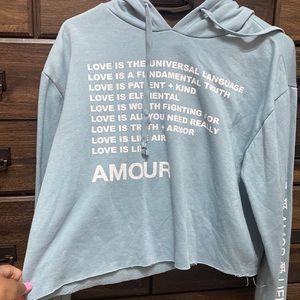 Light blue graphic cropped hoodie. A size medium. From the brand Mighty Fine.